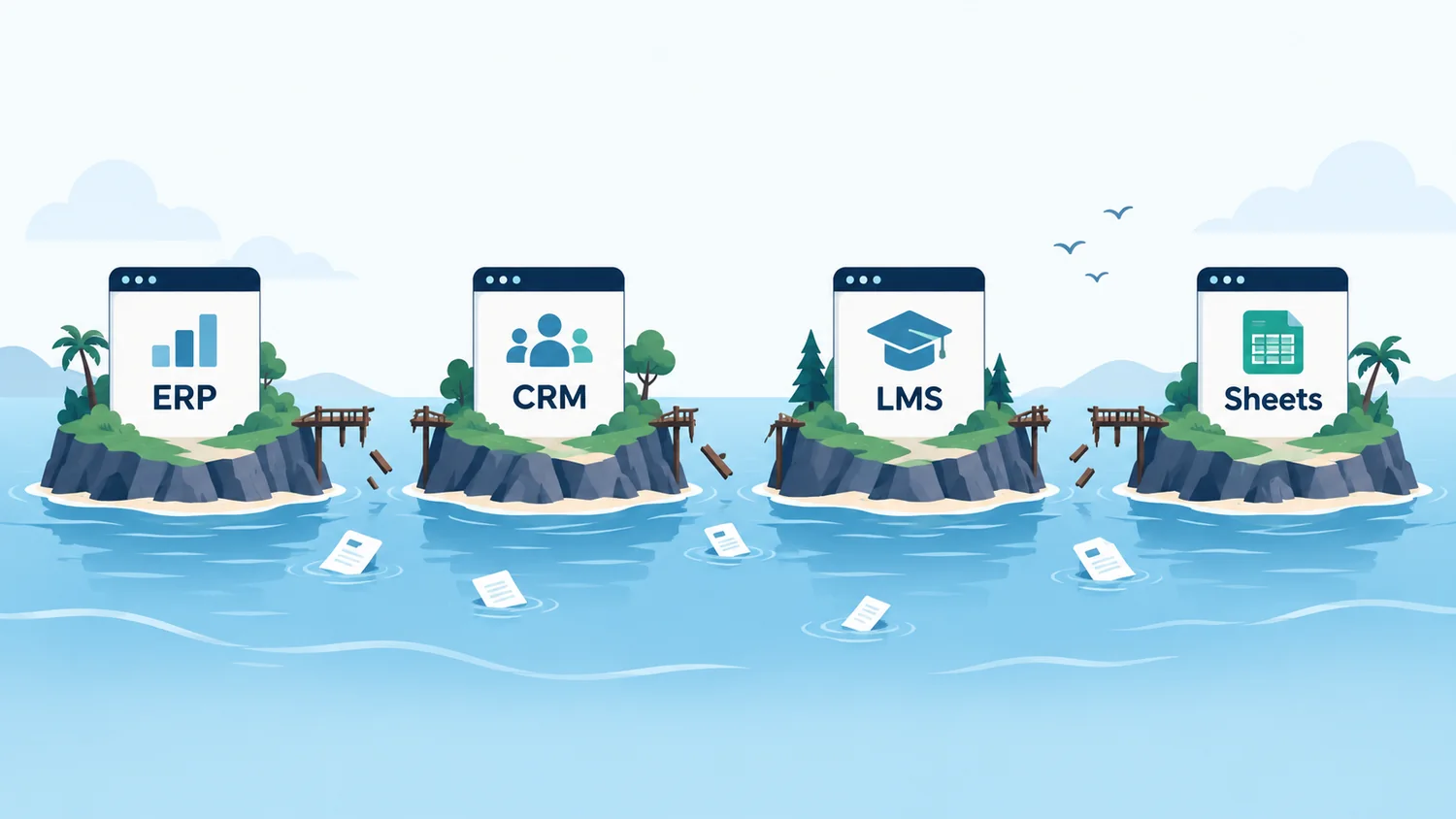 ERP, CRM, LMS and spreadsheet systems shown as separate islands with broken connections